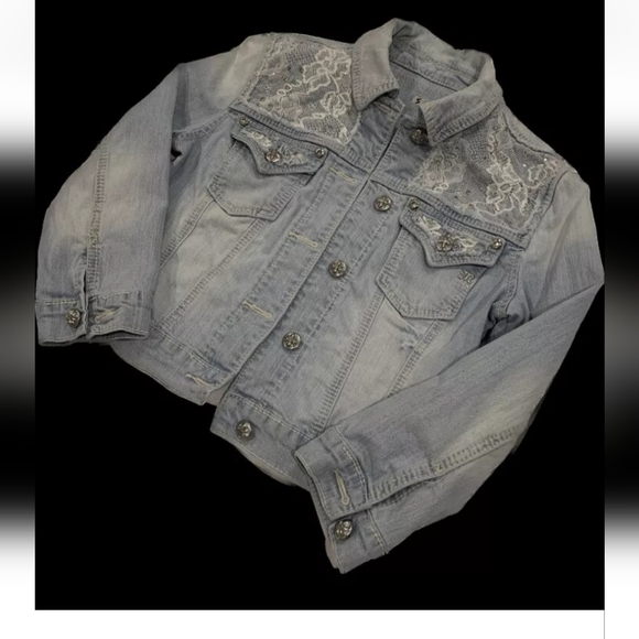 Miss Me Cropped Stone Wash Denim Med Jacket Rhinestones and Lace - Picture 15 of 15